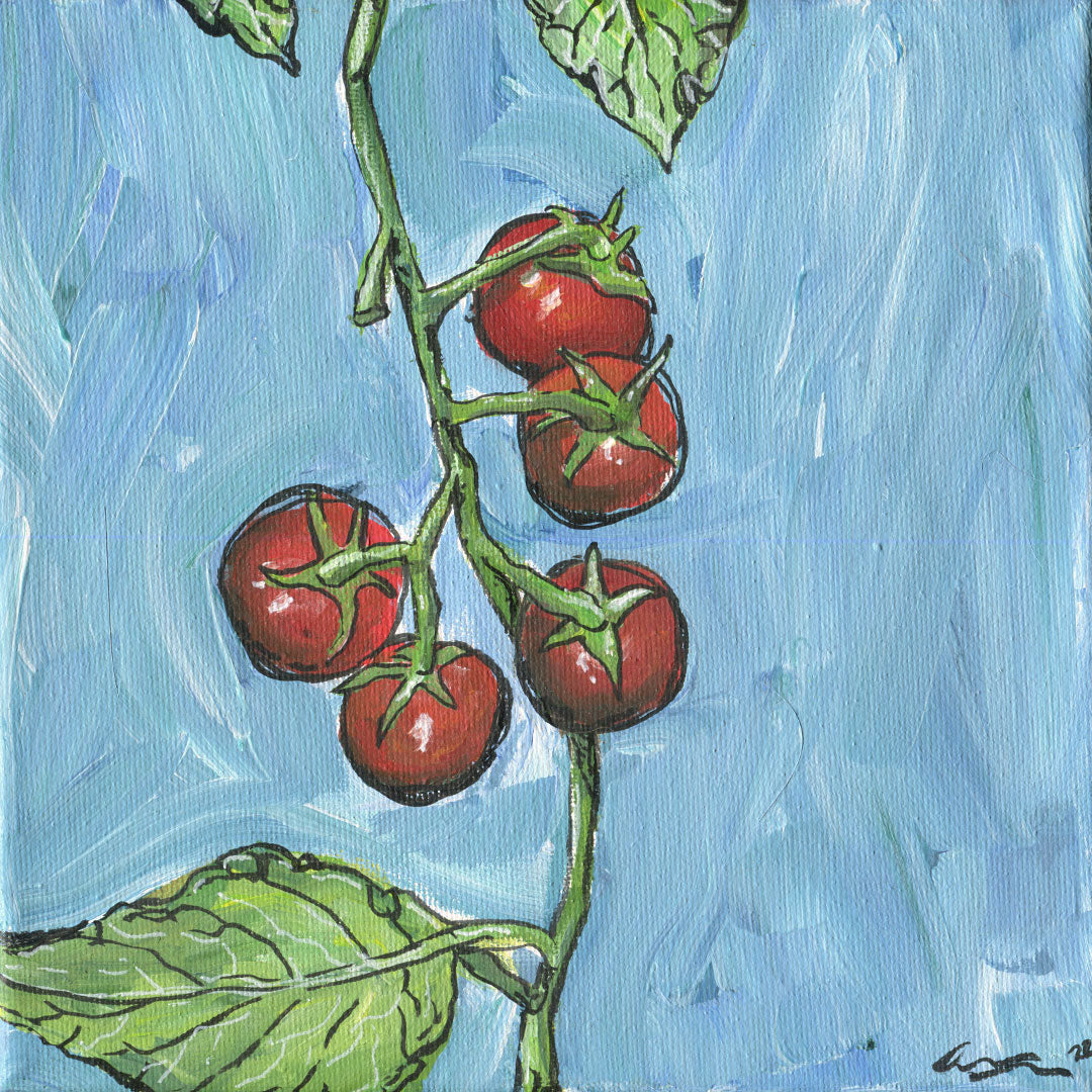 Close up detail of Cherry tomato painting in acrylics on canvas from Joan and Rose 